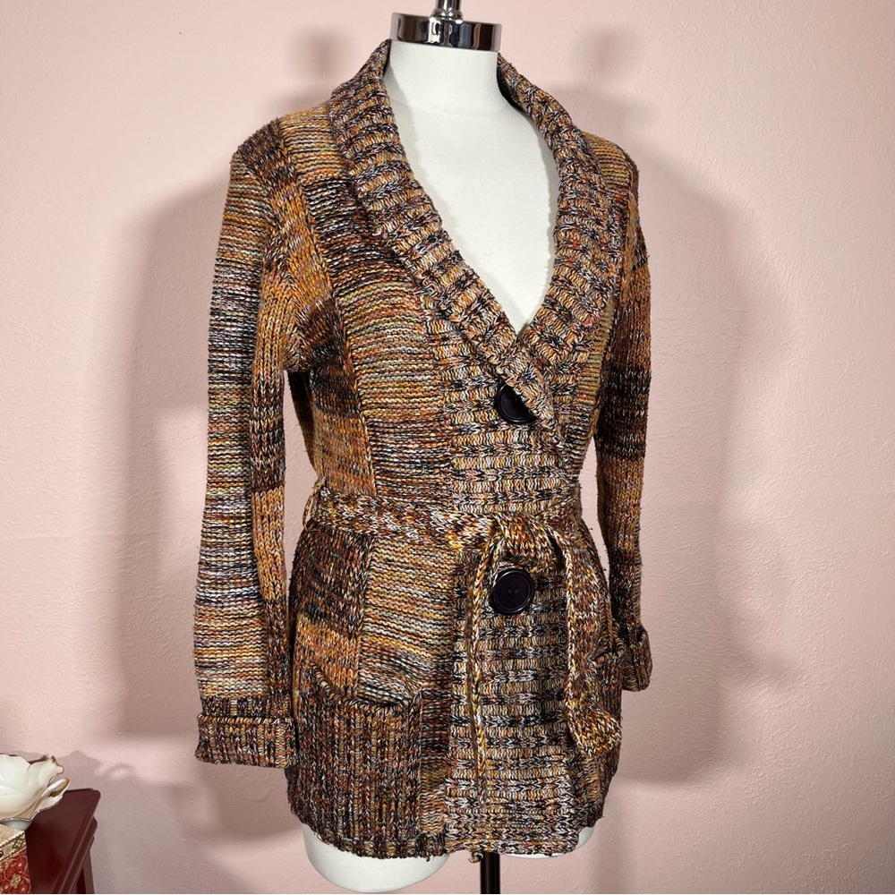 Vintage 60 70 Mod Patchwork Plaid Brown Burnt Orange Tie waist Cardigan Sweater - Picture 6 of 16